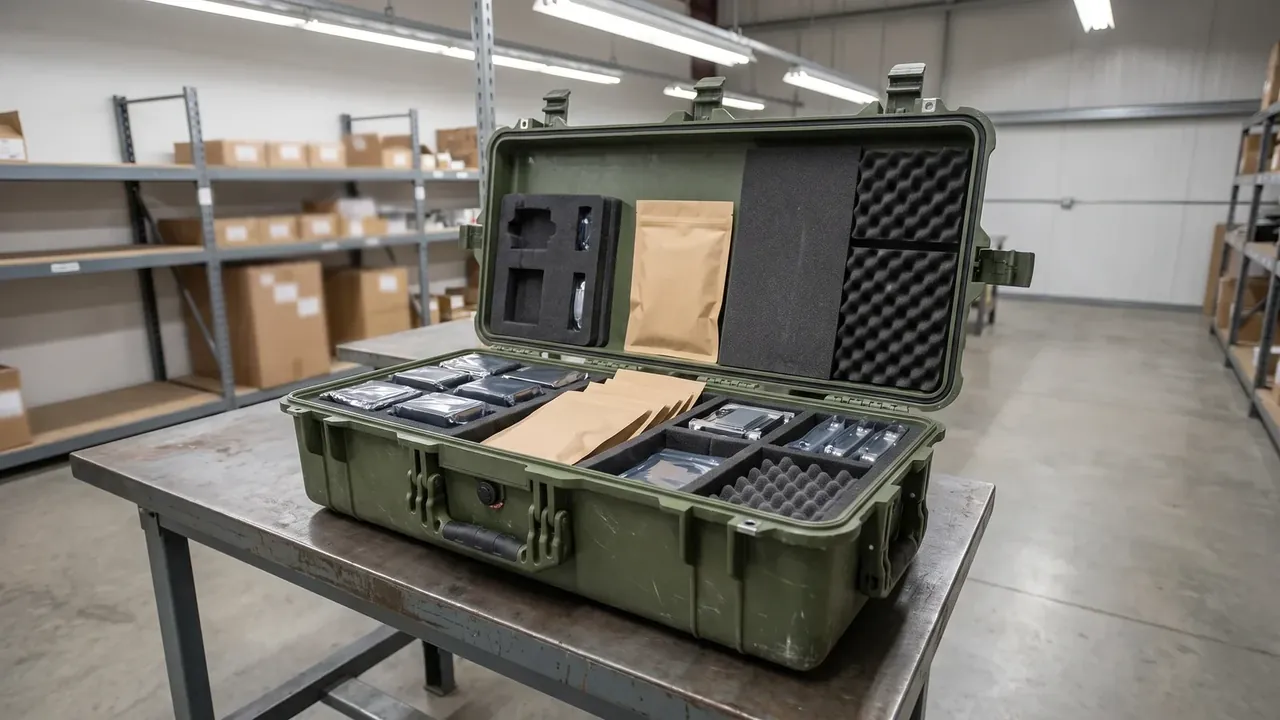 Equipment Protection Case: open olive green case on a steel bench, black egg-crate foam in the lid, four latches and a round pressure valve