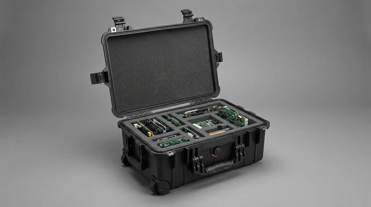anti-static component box suspended and fixed inside a partitioned protective case liner