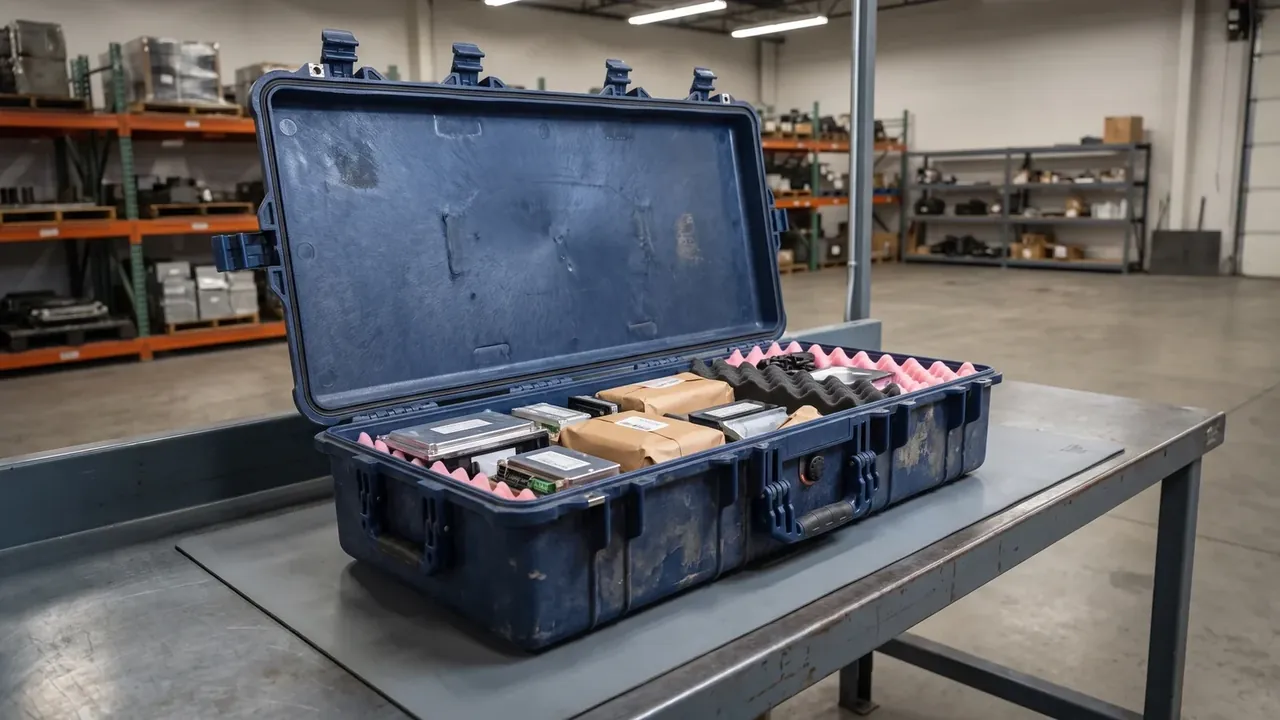 ESD case open on a steel table, navy body lined with pink foam strips, circuit modules and wrapped packs inside, orange racking behind