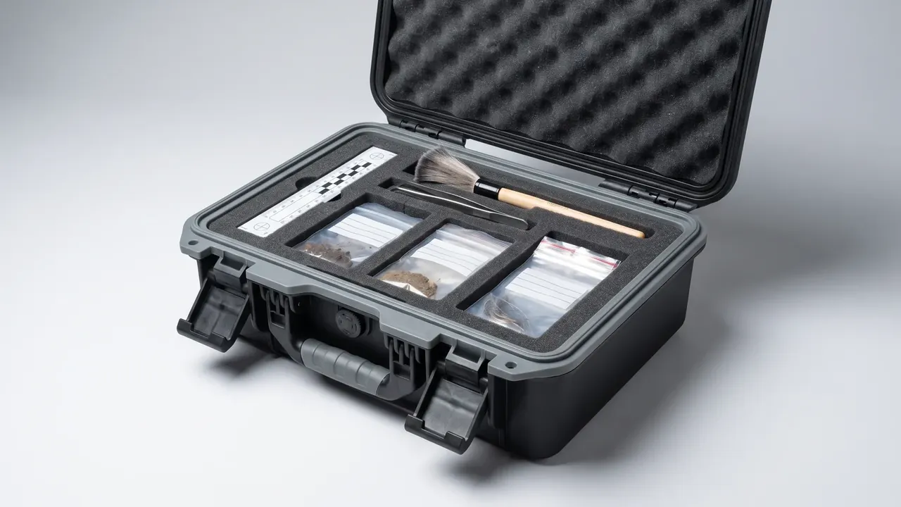 Scene Kit opened flat with egg-crate foam in the lid, three foam recesses holding bagged items, two front latches hanging open, grey body