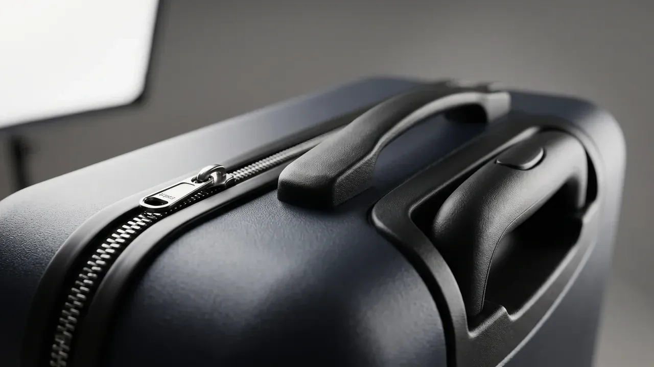 Explosion-Proof Case: black hard shell lid edge close-up, zipper teeth and metal puller along the closing line, rubber handle and recessed telescopic button beside it