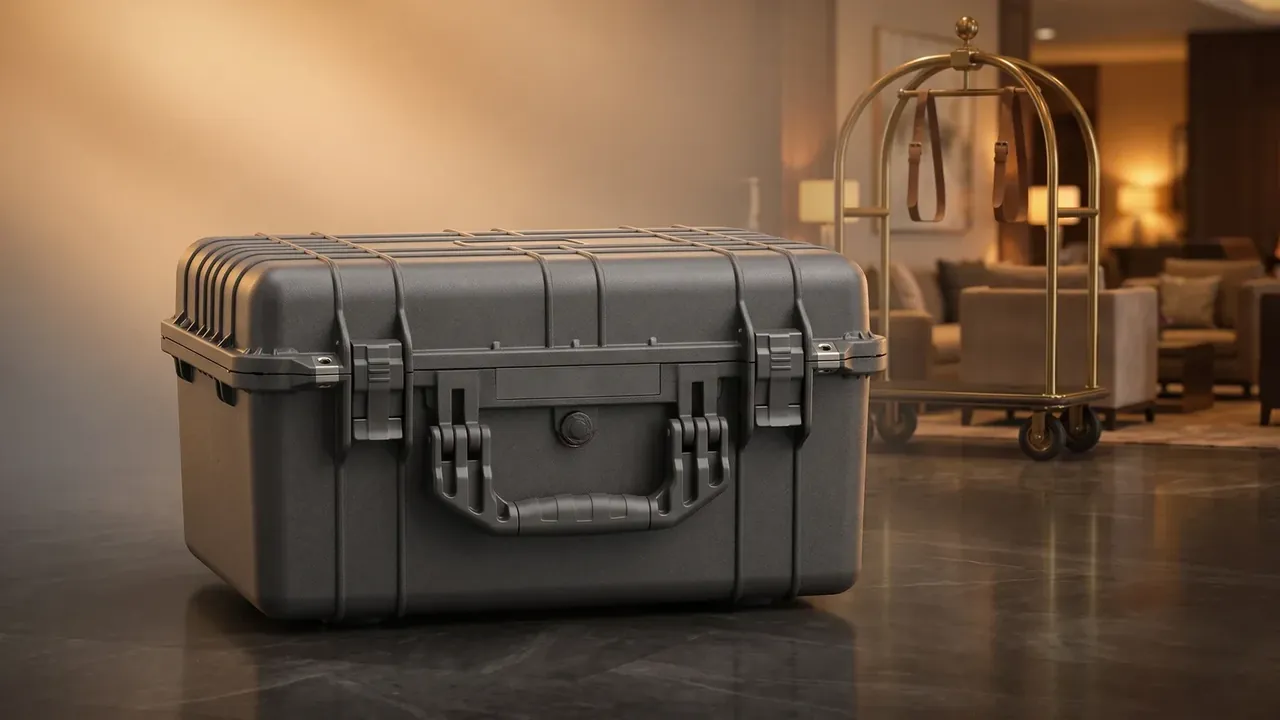 Explosion-Proof Case: dark grey body closed on stone floor in a warm lobby, seven ribs across the lid, one catch each side, trolley behind