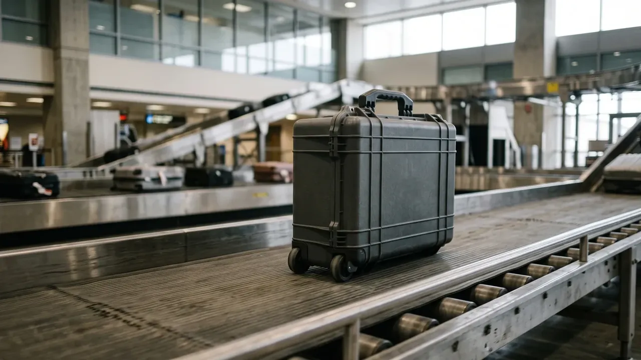 Explosion-Proof Case riding an airport conveyor belt, charcoal shell with horizontal ribs, top handle and two latches closed