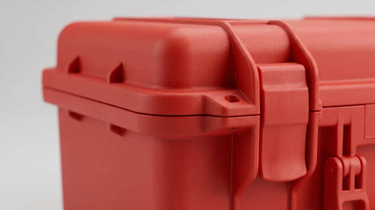 Explosion proof tool box in red, latch close-up with angled ribs over the lid edge, keeper with a round hole and two ears, rounded corners