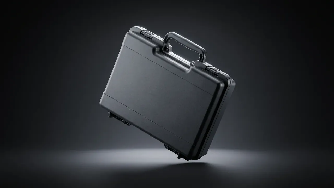 Explosive Container seen as a black hard-shell briefcase floating above a dark grey surface, metal carry handle and two latches clearly visible
