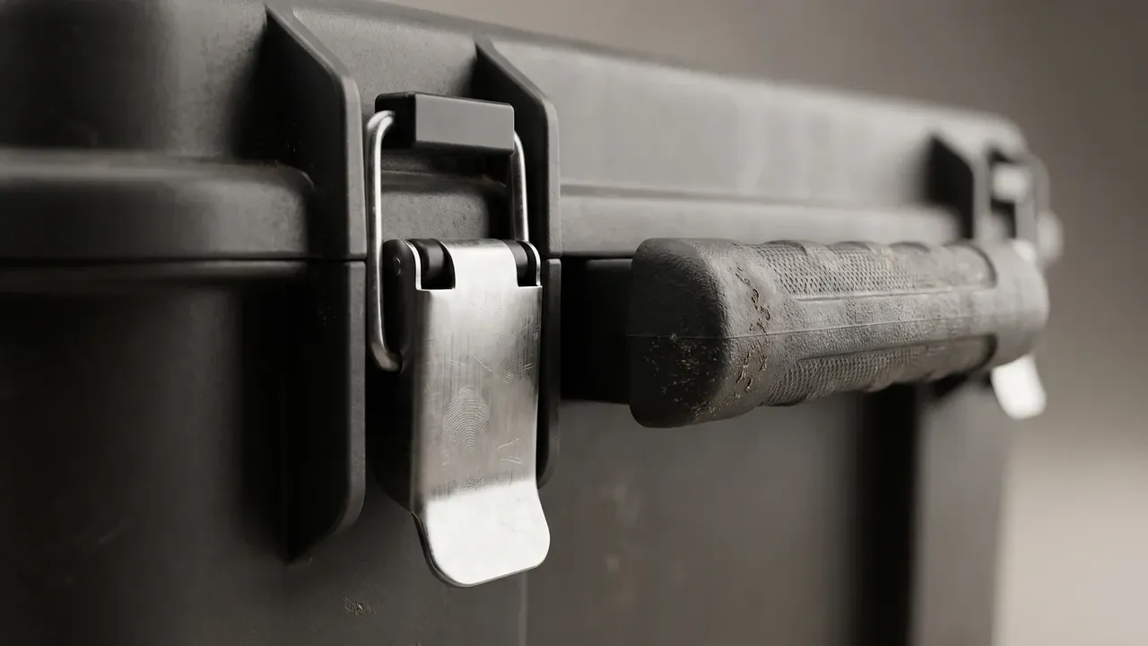 Explosive storage box: black body close up, one stainless latch closed with fingerprints on the lever, textured rubber grip right, a second latch behind