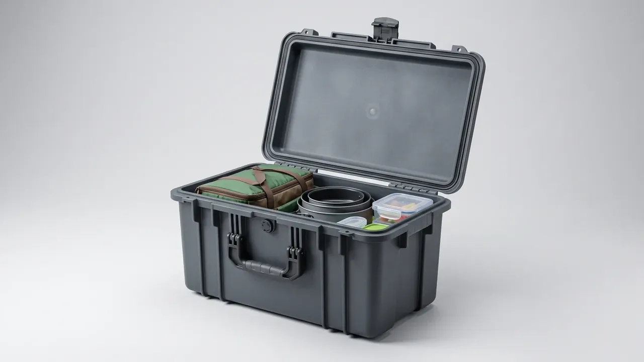 Explosive storage box: dark grey body open on pale grey, grey foam across the lid inside, a green pouch, black rings and clear boxes