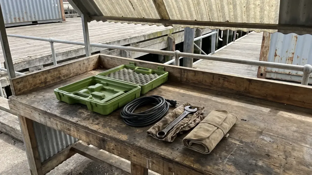 Explosive storage box: two green foam inserts on an outdoor timber bench, one cut with recesses, beside a cable coil, wrench and canvas roll