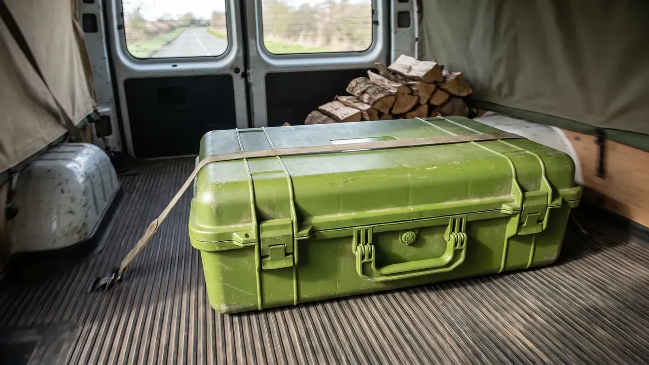Explosive Storage Box: yellow green long case closed on a ribbed van floor, tan strap across the lid, two latches, centre handle, firewood behind