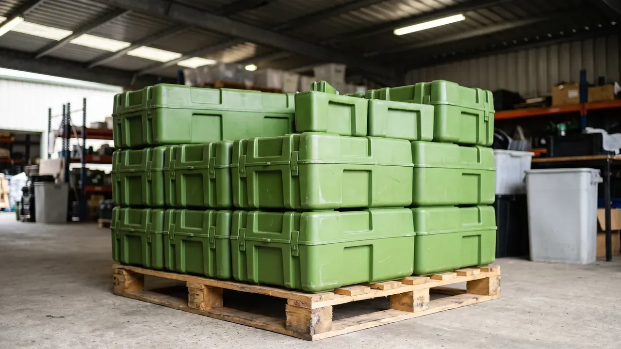 Green explosive storage boxes stacked three layers high on a timber pallet on a warehouse floor, two rows of three per layer, lids facing up