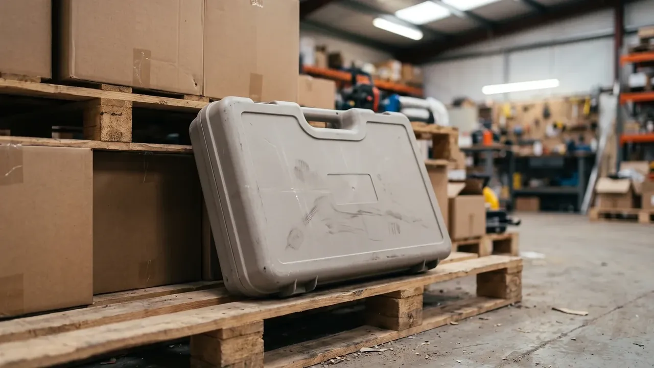 Explosive storage case: beige body leaning on a timber pallet, moulded handle bonded to the shell, scuffed lid, cartons and orange racking behind