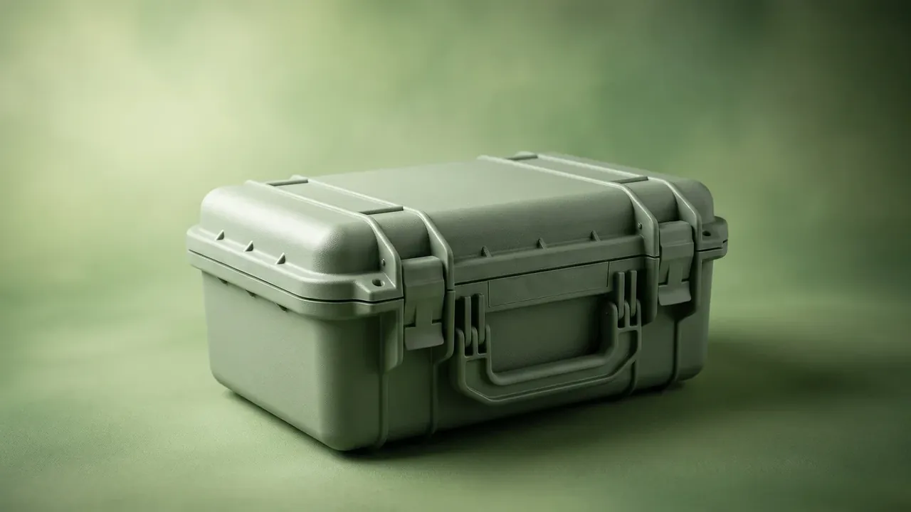 Explosive Storage Case: olive green case on a pale green backdrop, two cam latches either side of the moulded handle, ribs on the lid, corners rounded