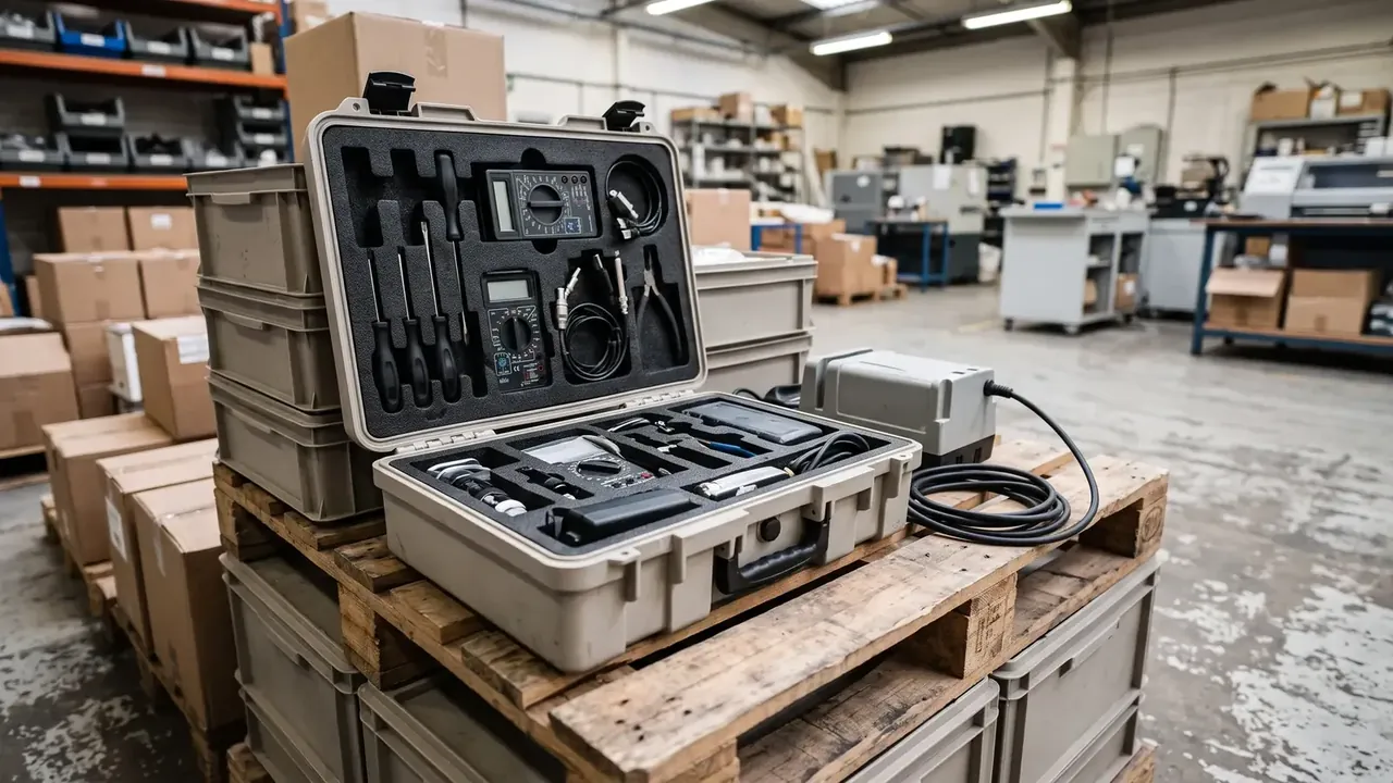 Explosive storage case: a beige body open on a pallet, screwdrivers and test leads in lid foam, instruments below, grey crates behind