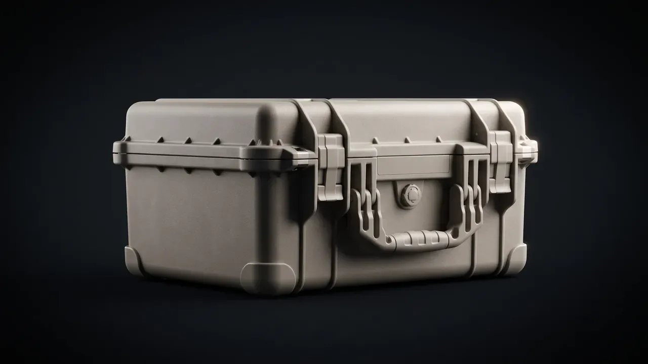 Explosive storage case: beige body standing end-on, rib round the lid edge, two black catches, one handle, lock hole between them on dark background