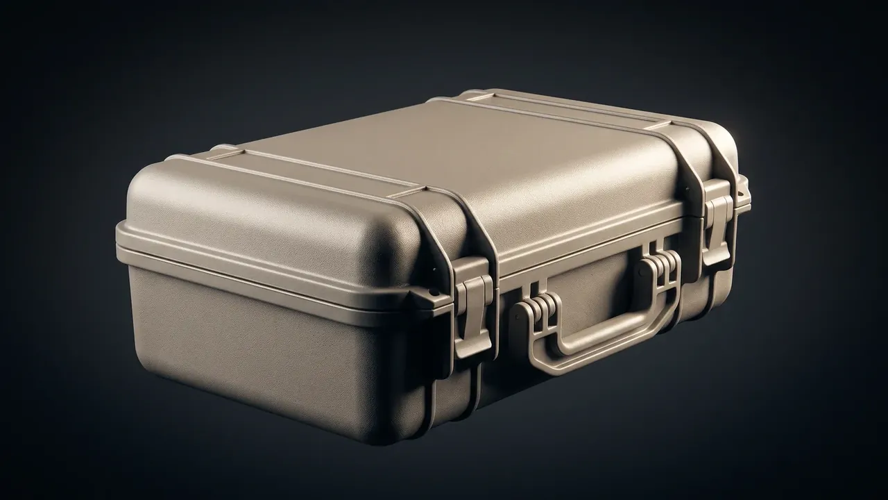 Explosive storage case: champagne body set at an angle on black, lengthwise ribs across the lid, two catches and a folding handle, thickened corner edging