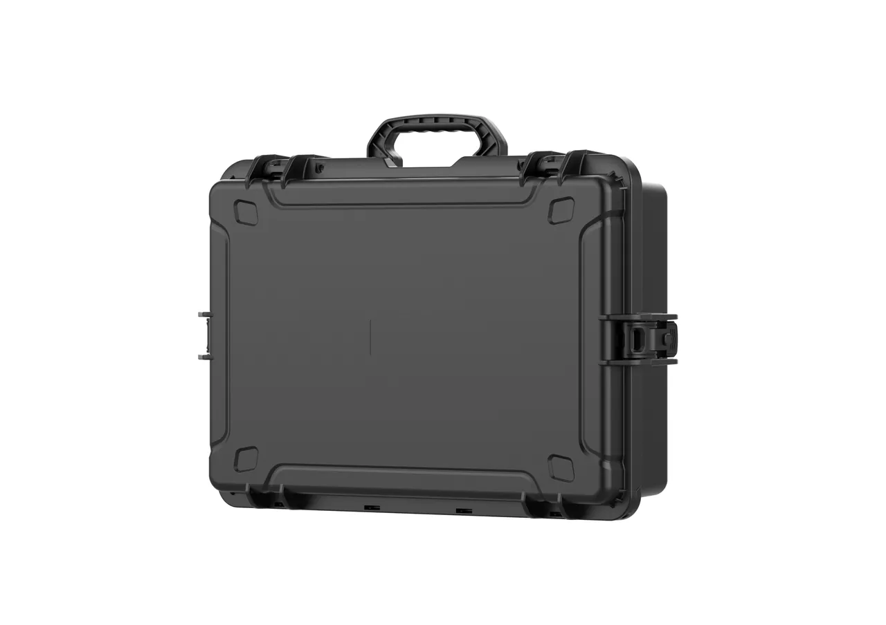 Detail of a garment case showing the perimeter gasket, full-width metal hinge and twin eyelets for security seals