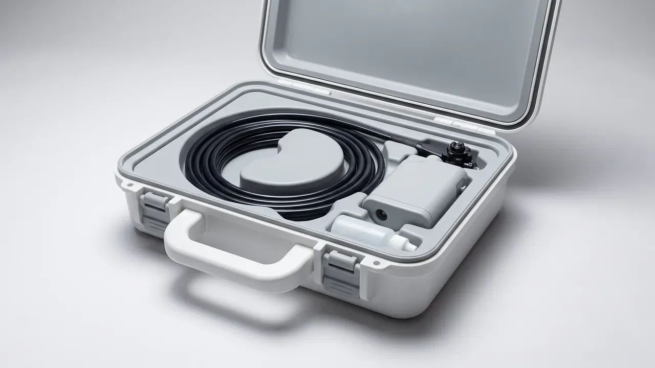 Fiber optic splice plastic case in pale grey, open, black cable coiled in a loop, grey module and white bottle beside it, white handle