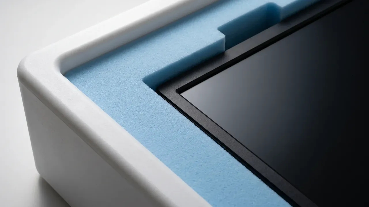 Fiber optic splice plastic case corner in white, blue foam along the wall, a black square panel seated in the cutout, flush edges