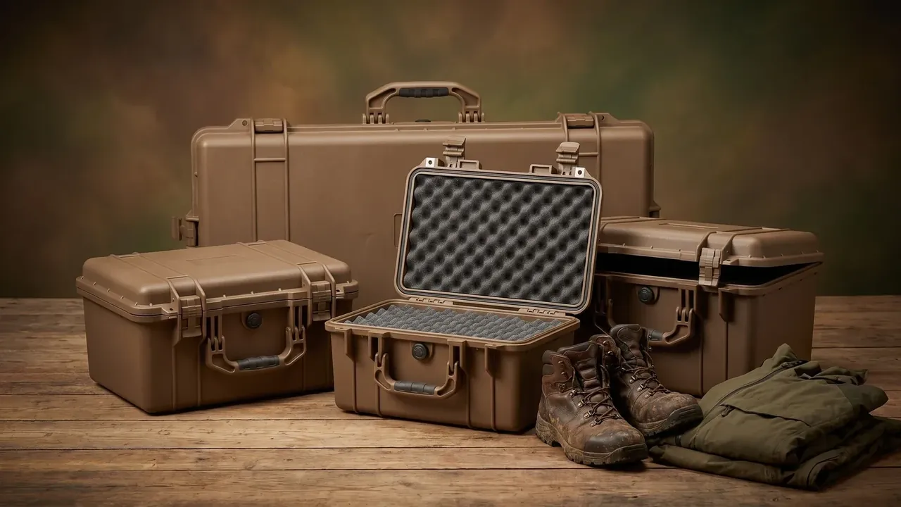 Field Armoury: four tan cases on a wood table, middle one open with egg-crate foam and cut pockets, boots and a folded jacket beside