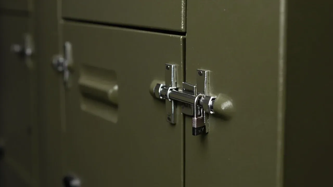 Two steel latches on the door seam, a padlock on one