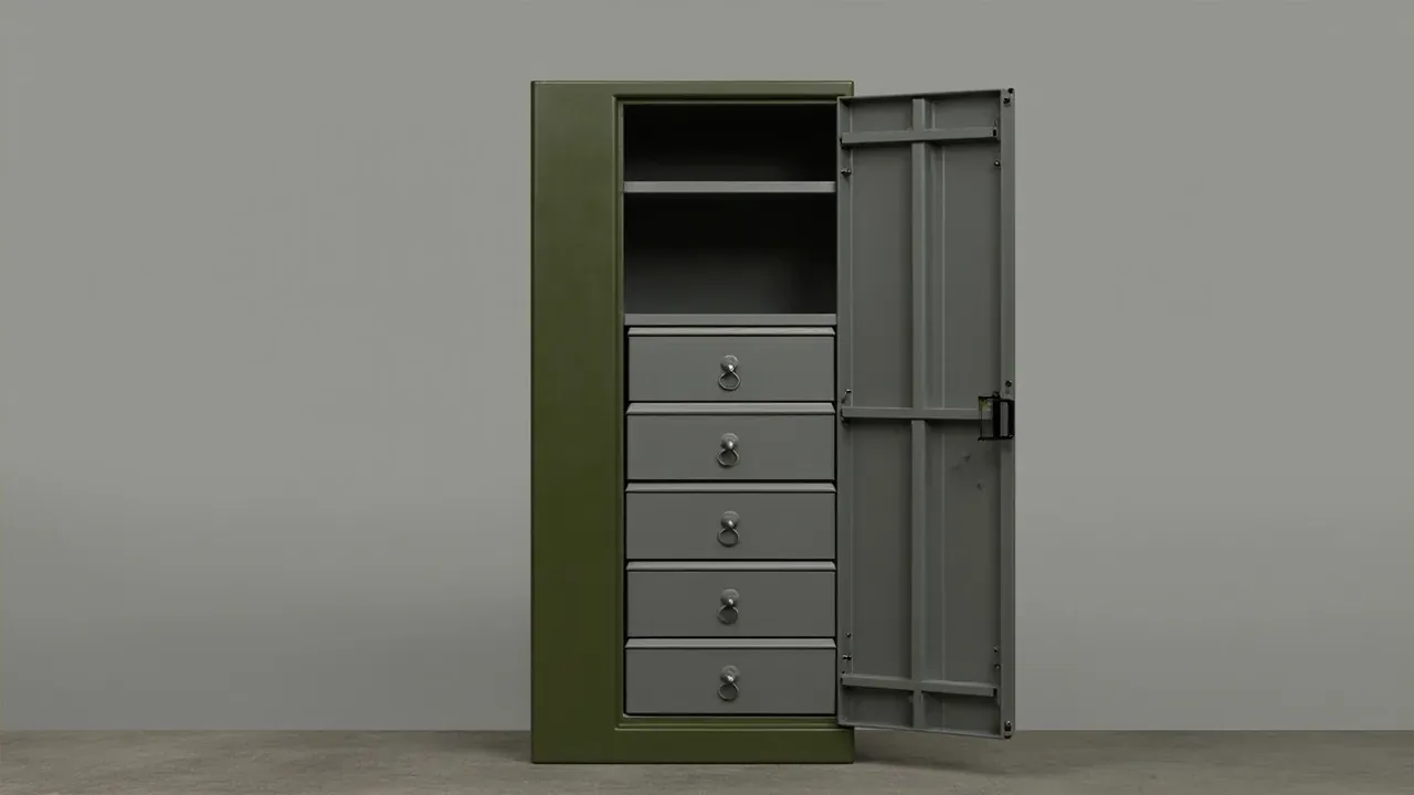 Single-door cabinet open, one shelf above four drawers