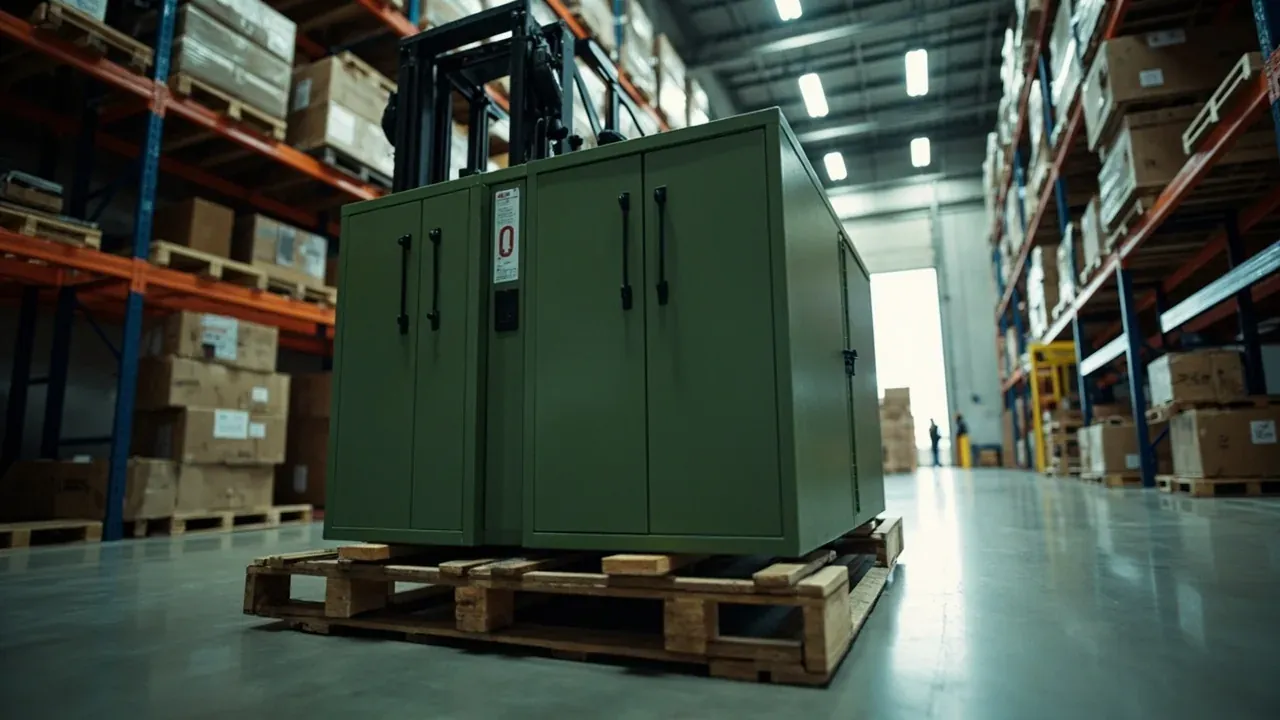 Forklift carrying a cabinet on a pallet down an aisle