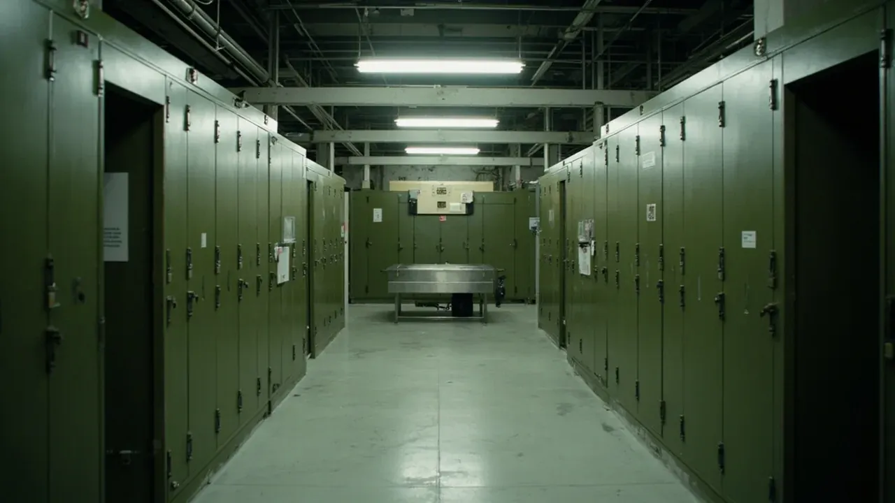 Cabinets lining both sides of a store aisle, steel bench beyond