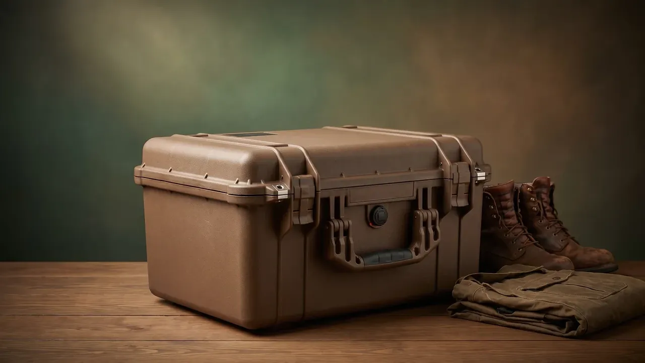 Field Armoury: brown closed case on a wooden table, one latch clamped, moulded end handle and round vent valve, boots and jacket to the right