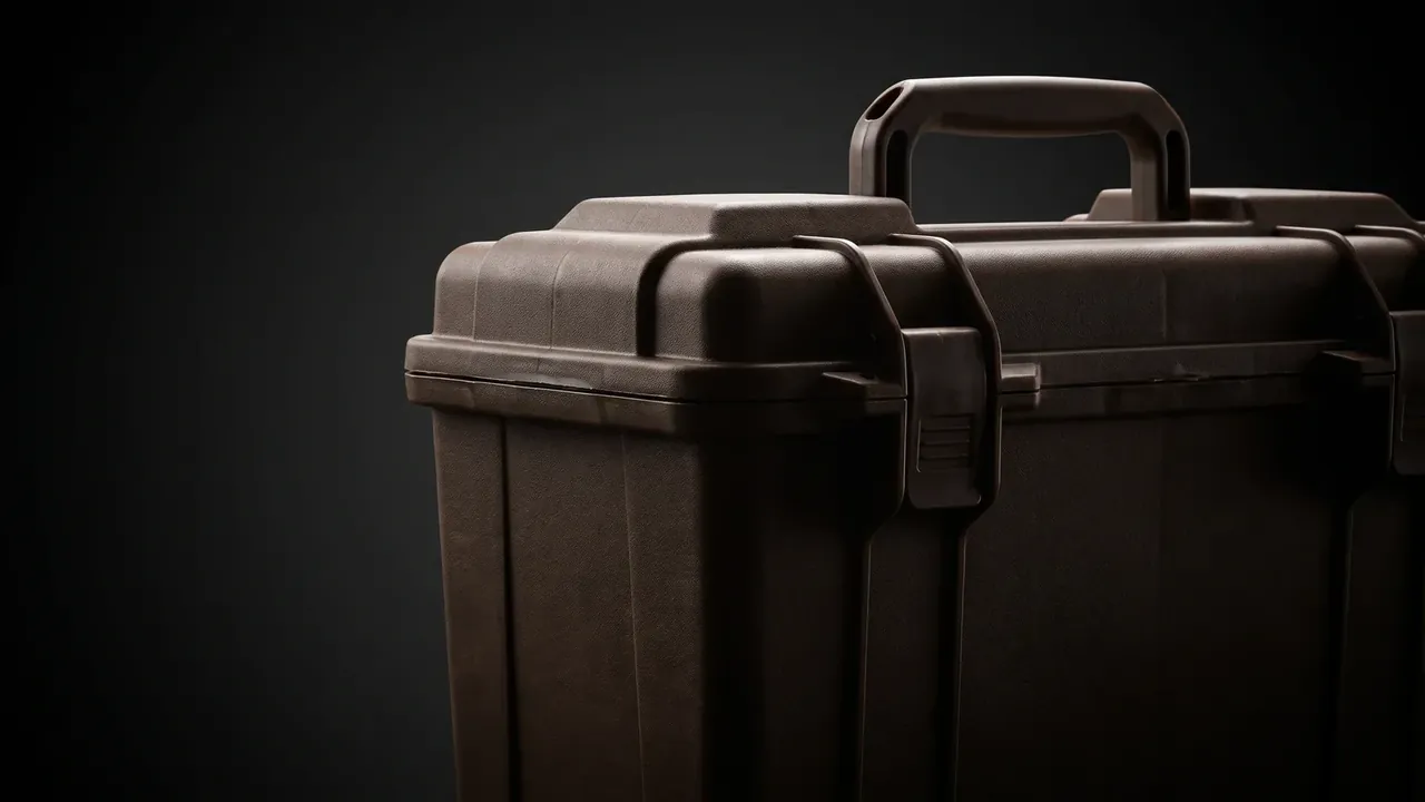 Field Armoury: two near-black cases on a dark backdrop, moulded lid ribs and a black latch on the front one, the rear handle raised