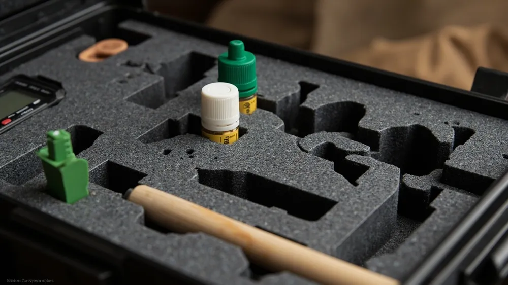 Custom foam compartments for rock hammers, sample vials and a GPS in a case