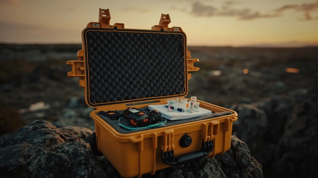 Sampling case opened on rocky terrain