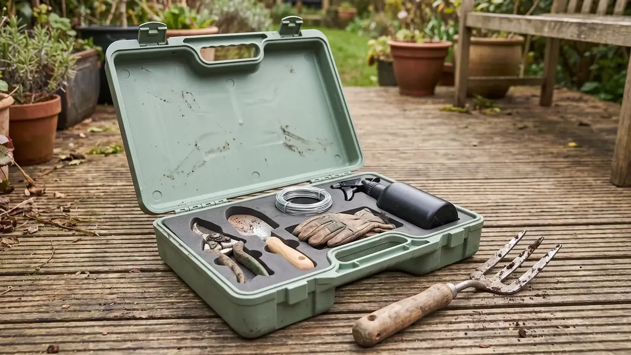 Field service tool case open on outdoor decking, foam tray holding coiled wire, a black spray bottle, muddy gloves and two trowels