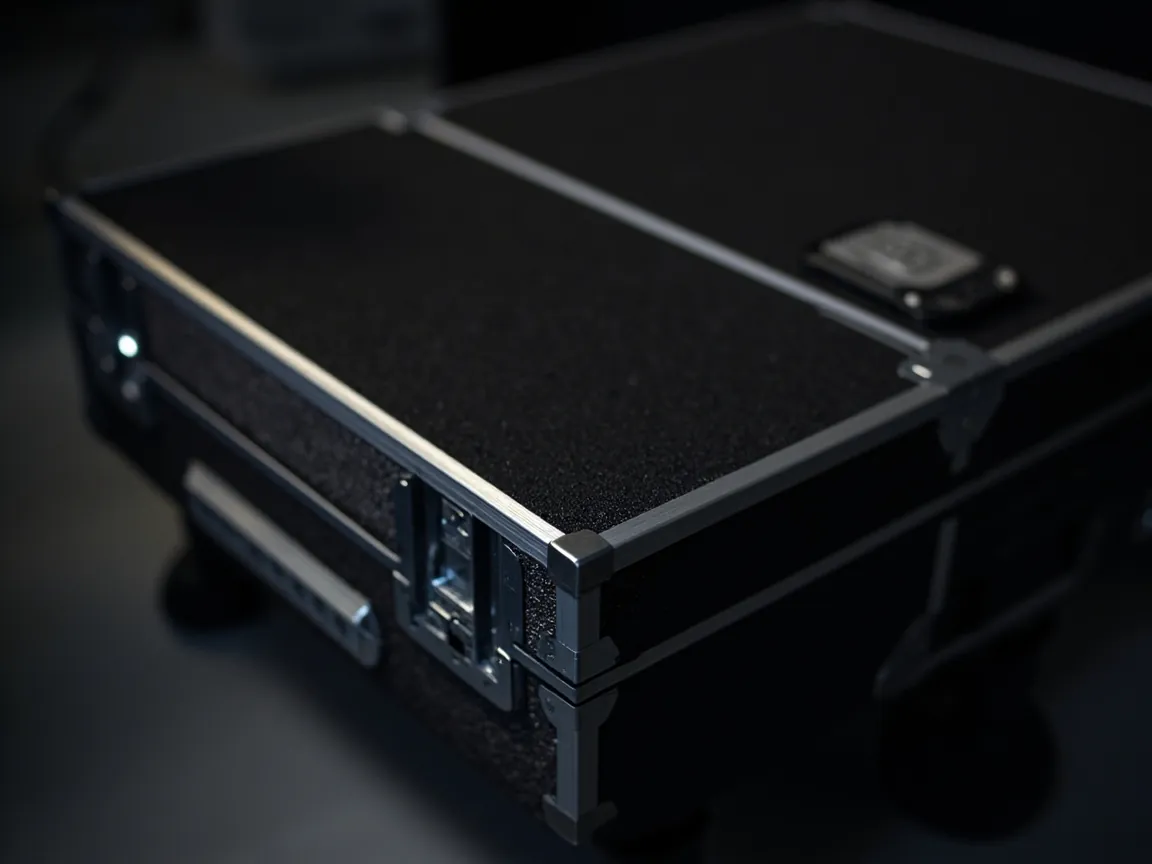 Multiple film, lighting and sound cases stacked in storage