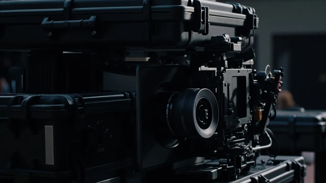 Stacked equipment cases on film set
