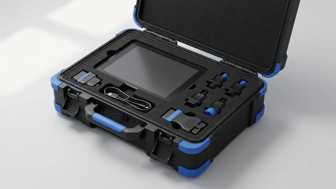 Firearm plastic gun case wholesale: black case open, blue corner guards, black foam tray with screen recess, coiled leads