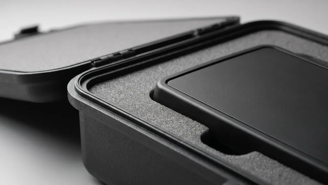 Firearm plastic gun case wholesale: close view of black rim and raised lid, hinge at left, grey pebble-textured foam with a square recess