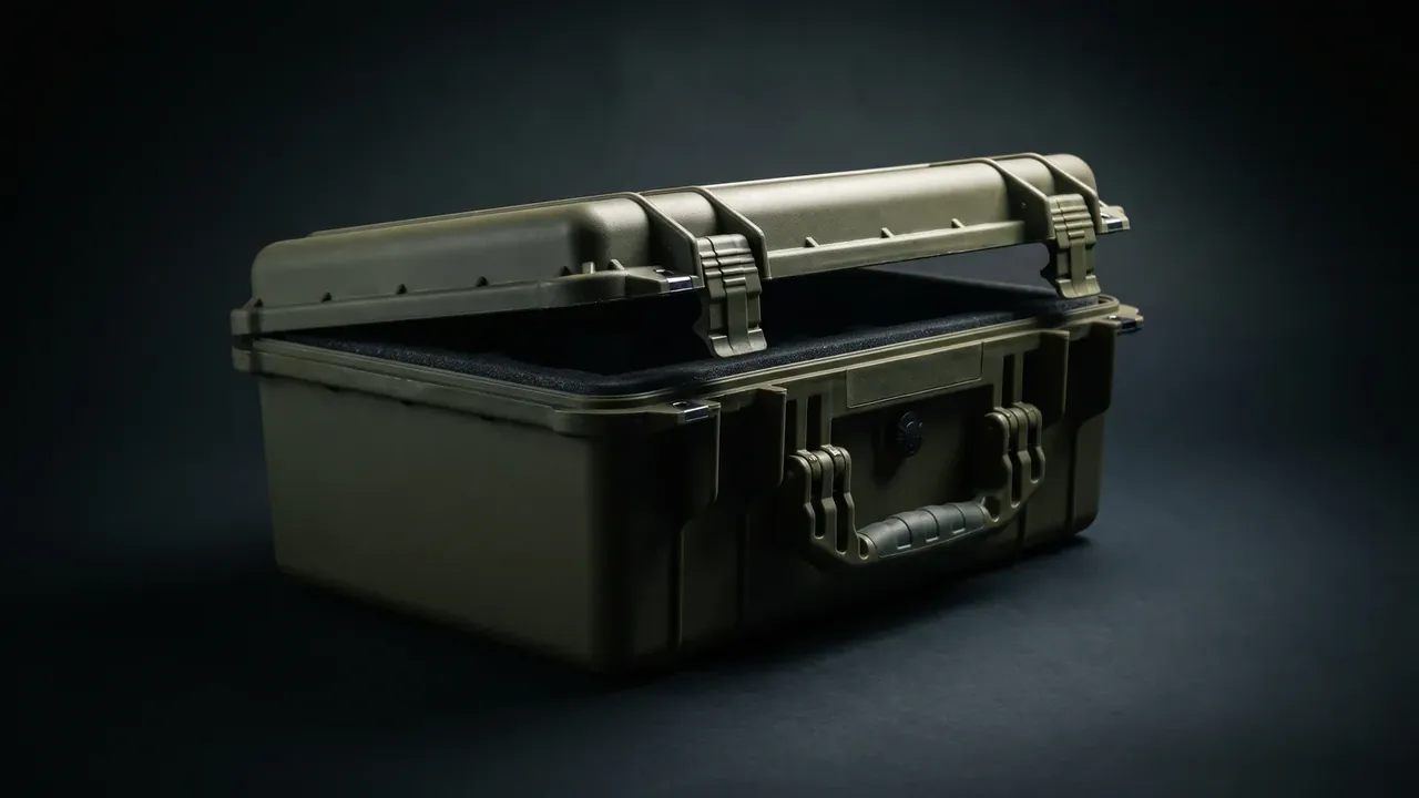 Firearm Storage Case: olive case open on a dark table, black foam in lid and base, two latches flipped up, folding handle and round valve