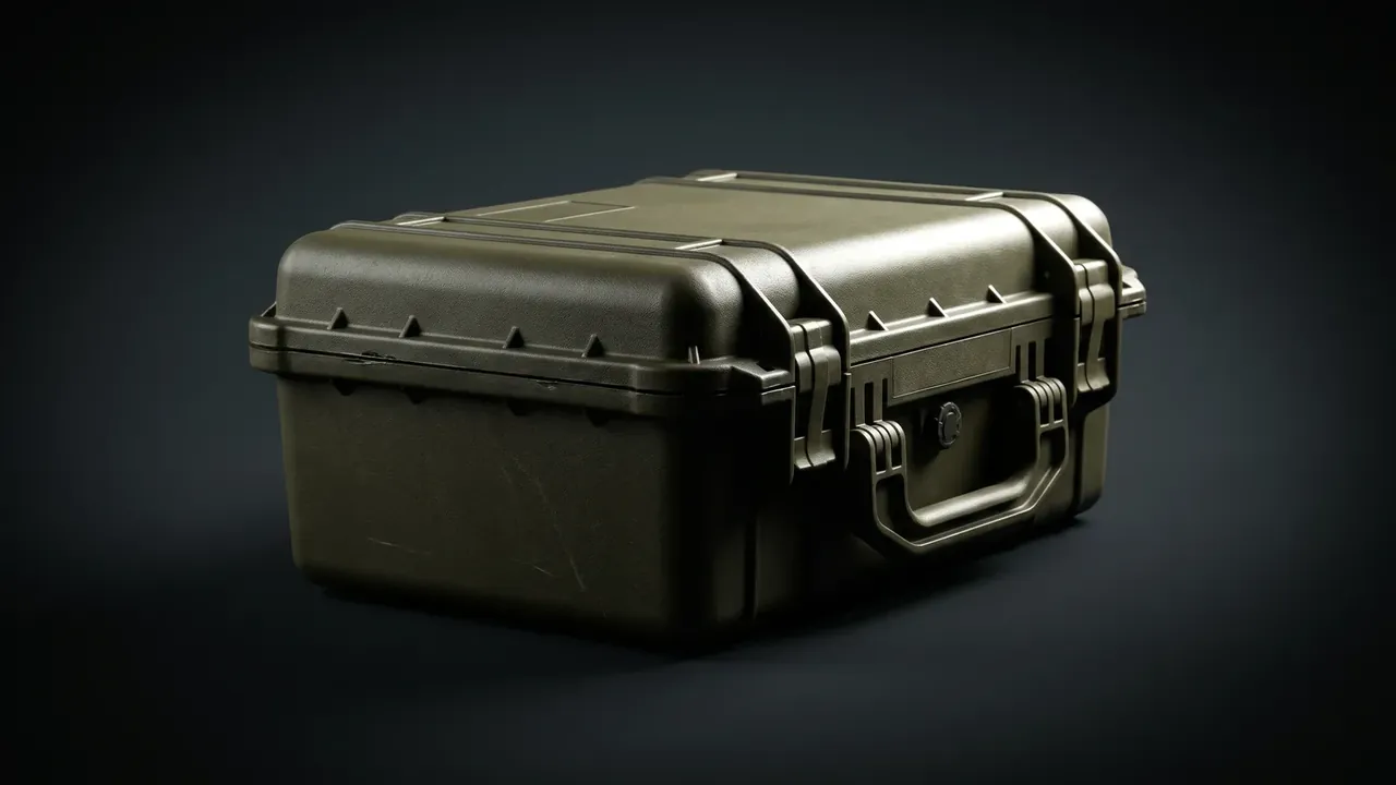 Firearm Storage Case: closed olive case standing on a dark grey backdrop, raised ribs around the lid, two latches shut, folding handle and round valve