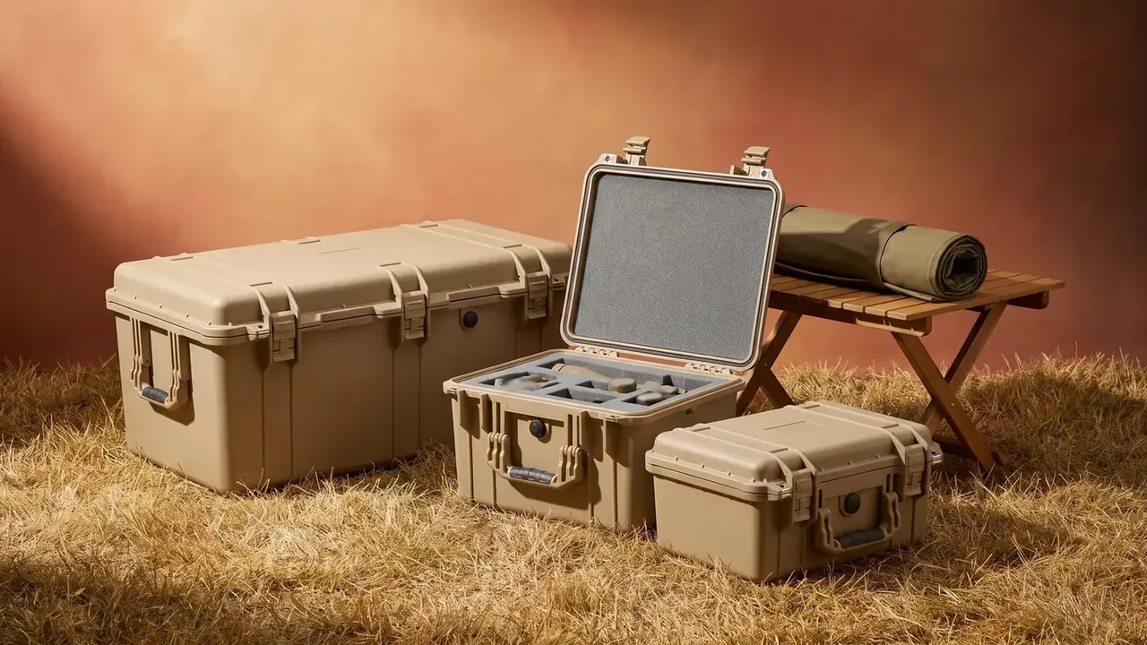 Firearm Storage Case: three tan cases on dry grass, the middle open with grey foam cut into compartments, a rolled bundle on a wooden bench