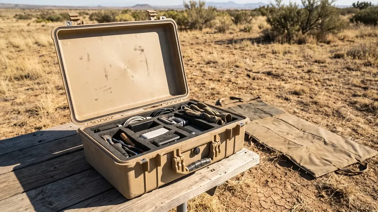 Firearm Storage Case: tan case open on an outdoor wooden table, foam slots holding cables, tools and gloves, a canvas mat nearby, dry grass behind