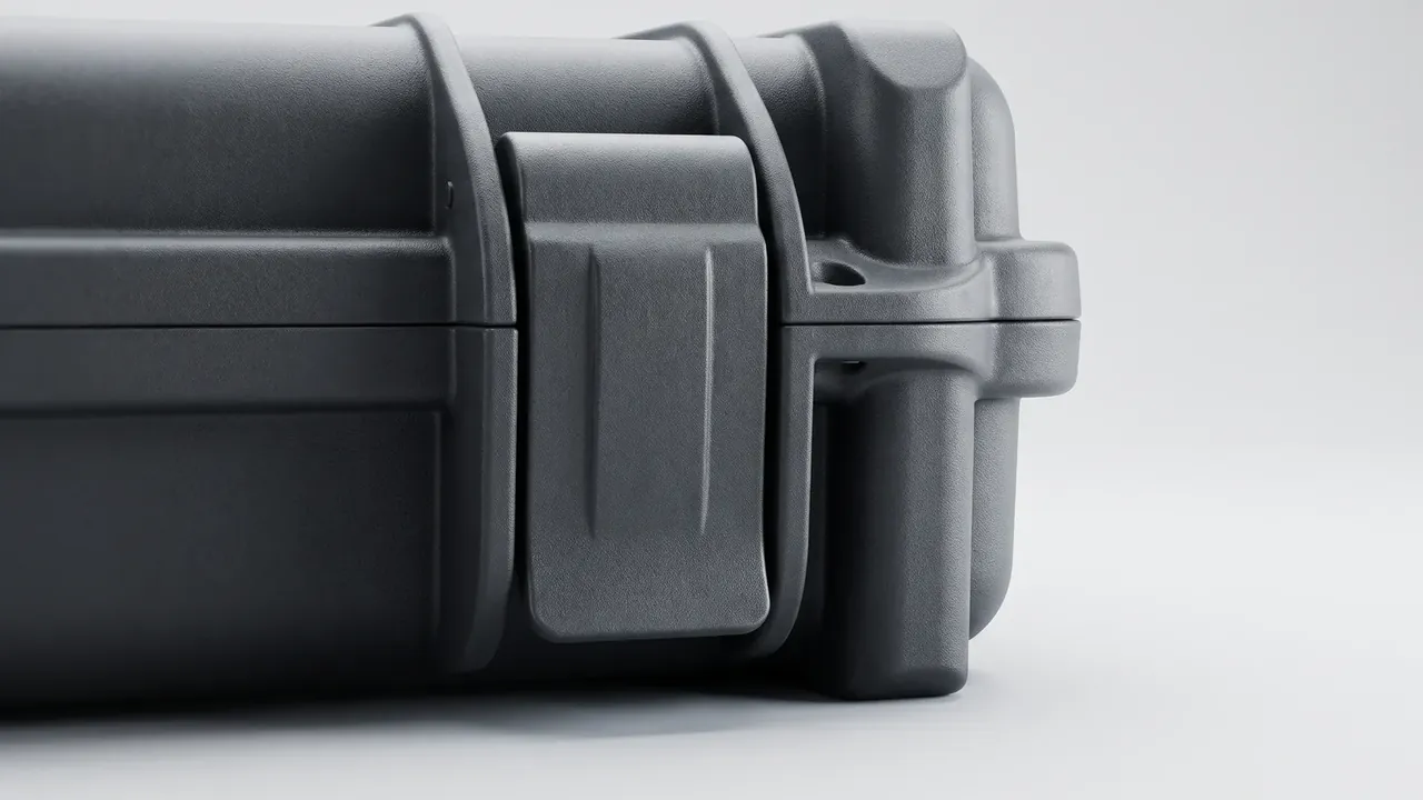 Firearm transport case: dark grey corner close-up, one wide latch closed across the lid seam, a vertical rib below and a rounded bumper on white