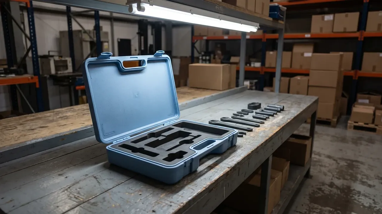 Firearm transport case: light blue-grey case open on a timber bench, foam insert cut with seven empty pockets, bearings and pins beside it, racking behind