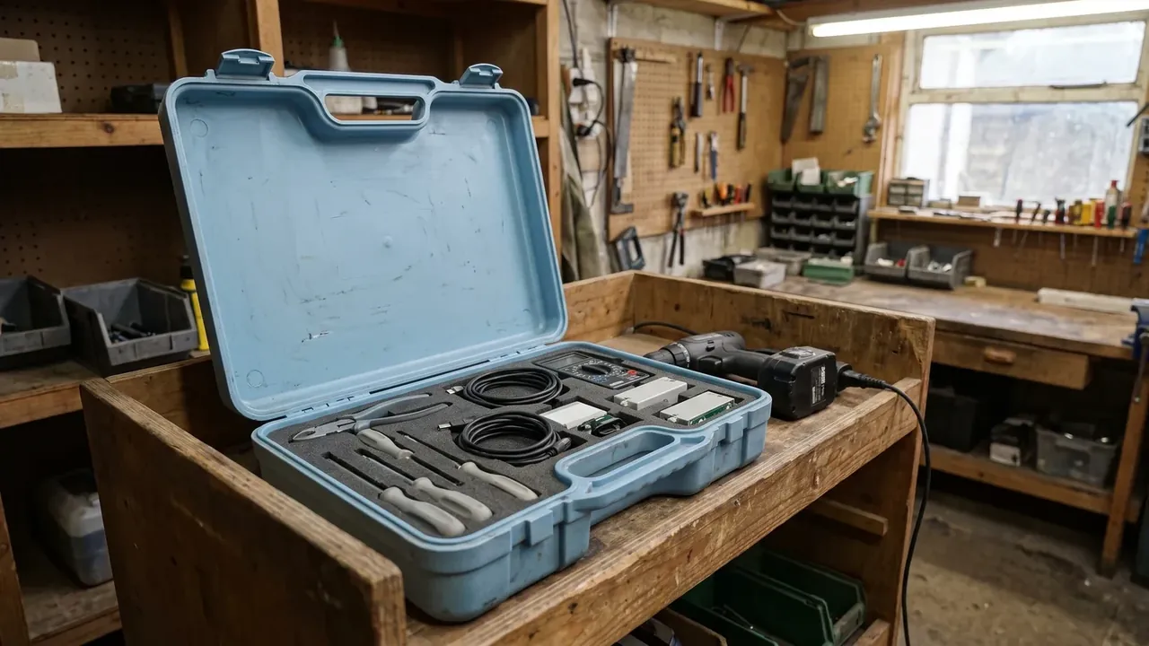 Firearm transport case: blue-grey case open on a bench, insert holding pliers, crimpers, two cables, a multimeter and boards, cordless drill beside it, pegboard behind