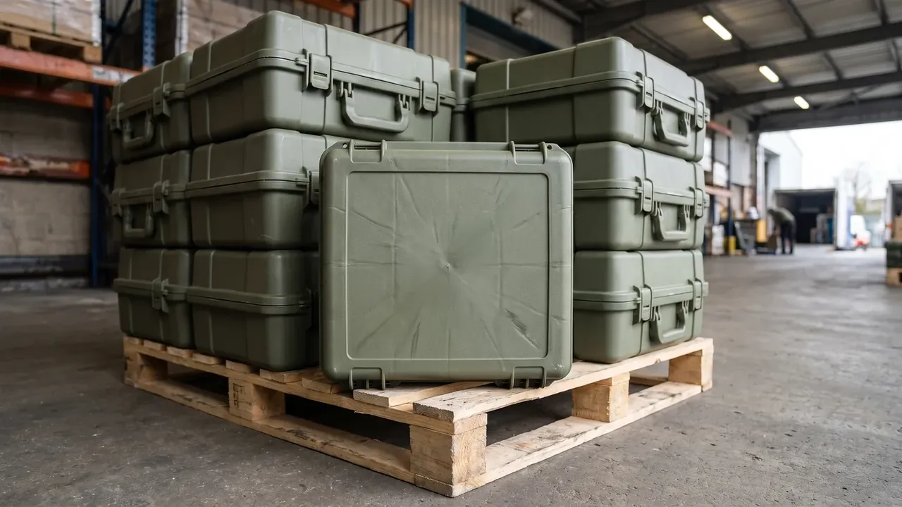 Firearm Transport Case: three tiers of olive-green cases on a timber pallet in a warehouse, one laid flat showing radial ribs, blue racking behind