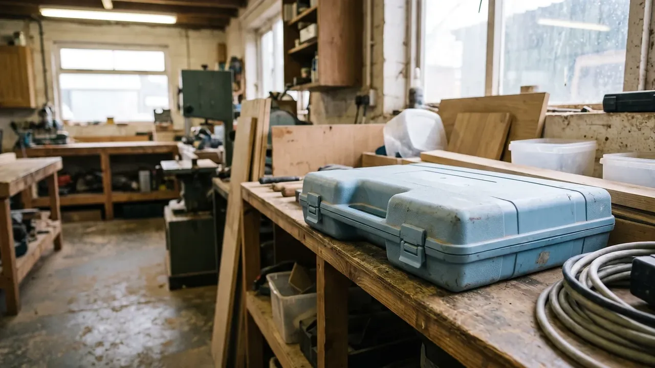 Firearm Transport Case: worn pale blue case closed on a timber workbench, offcuts and coiled cable beside it, bandsaw behind