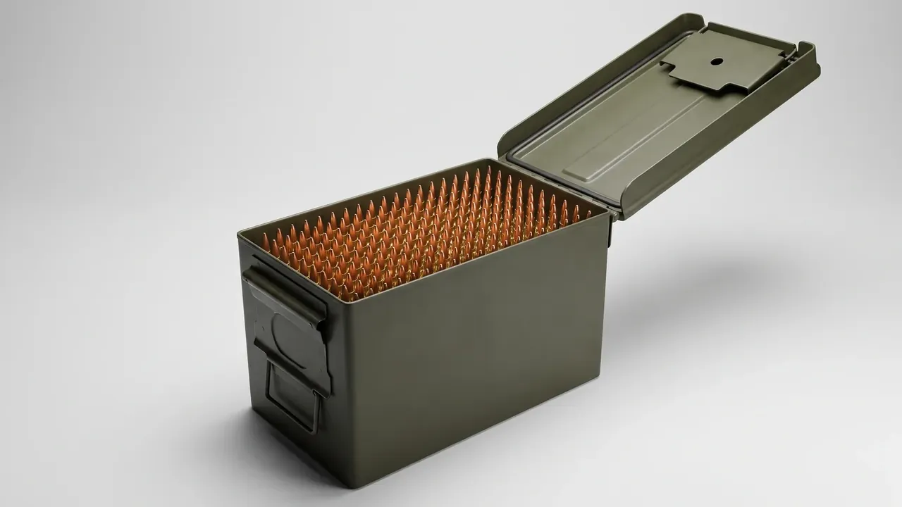 Firearm Transport Case: olive steel case with the lid raised upright, dense rows of copper cartridges inside and a perforated plate on the lid
