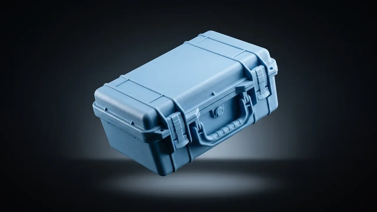 Firearm Transport Case: deep blue wide body tilted mid-air on a black background, lid ribs, folding end handle and side latch visible