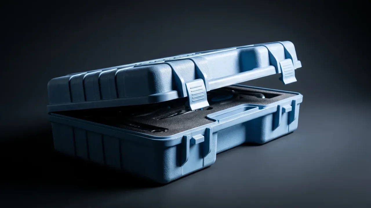 Firearm Transport Case: pale blue case open on a dark surface, black foam in lid and base, milled recesses and a handle pad