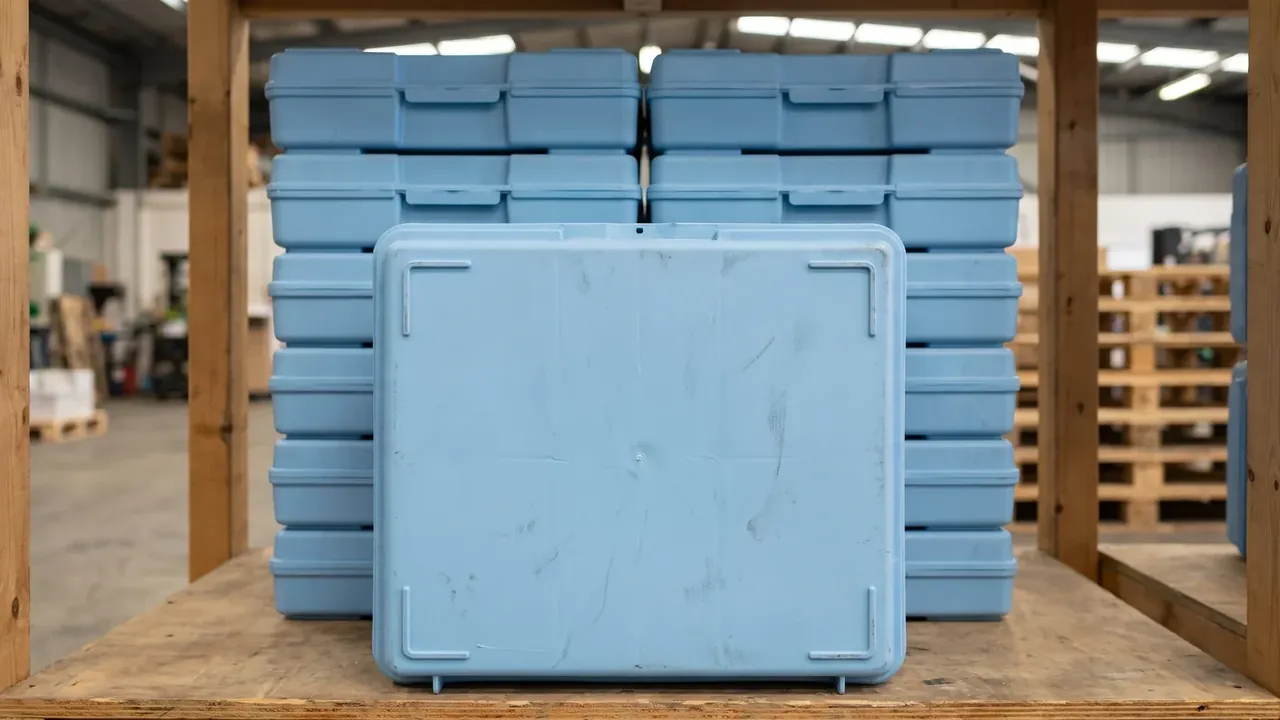 Firearm Transport Case: pale blue empty case upright on a timber pallet, corner pads on its face, rows of cases stacked seven high