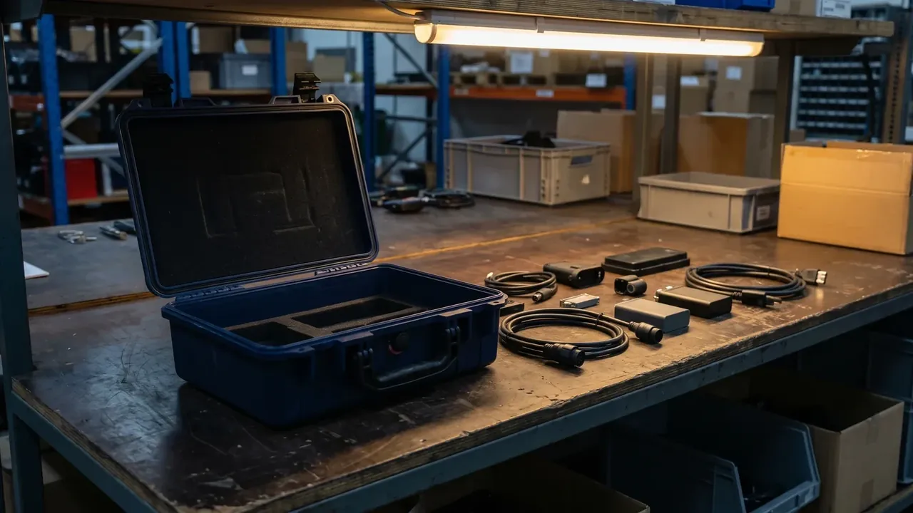 First Aid Kit Case in navy lying open on a workshop bench, empty interior, coiled cables and power adapters beside it, blue shelving behind